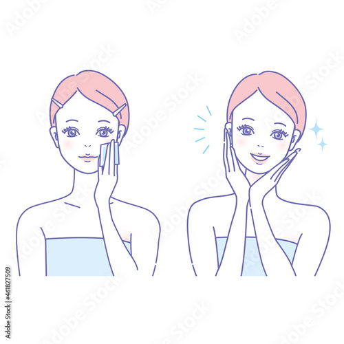 メイクを落とす女性　パッティング　保湿