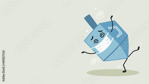 Dreidel characters wearing mask for protection in pandemic and playing spinning game. Dreidel spinning, falling and having fun during Hanukkah festival. Modern Dreidel with presents and mask.