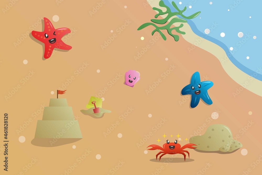 seaside view with sea animal and sand castle flat illustration seaside view with sea animal and sand castle flat illustration