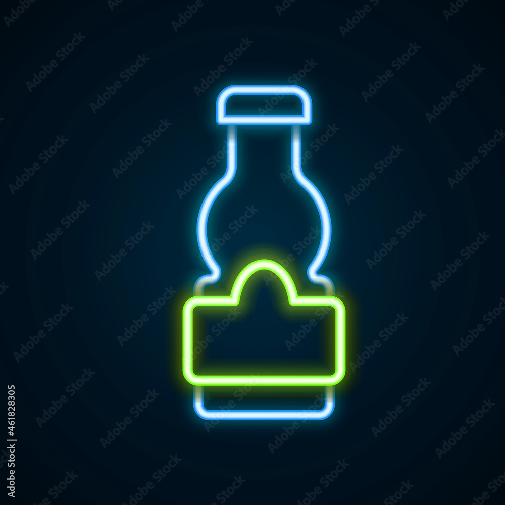 Glowing neon line Sauce bottle icon isolated on black background. Ketchup, mustard and mayonnaise bottles with sauce for fast food. Colorful outline concept. Vector