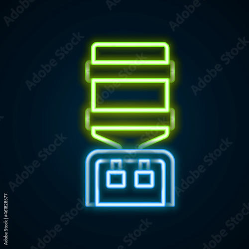 Glowing neon line Water cooler for office and home icon isolated on black background. Water dispenser. Bottle office, plastic and liquid. Colorful outline concept. Vector