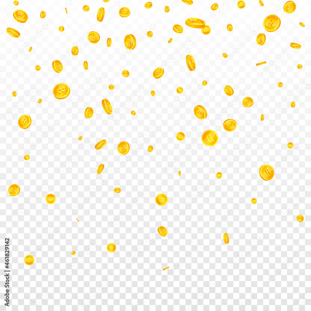 Bitcoin, internet currency coins falling. Extra scattered BTC coins. Cryptocurrency, digital money. Bizarre jackpot, wealth or success concept. Vector illustration. - obrazy, fototapety, plakaty 