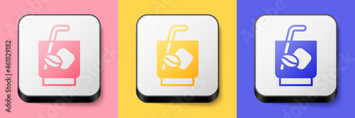 Isometric Espresso tonic coffee icon isolated on pink, yellow and blue background. Square button. Vector