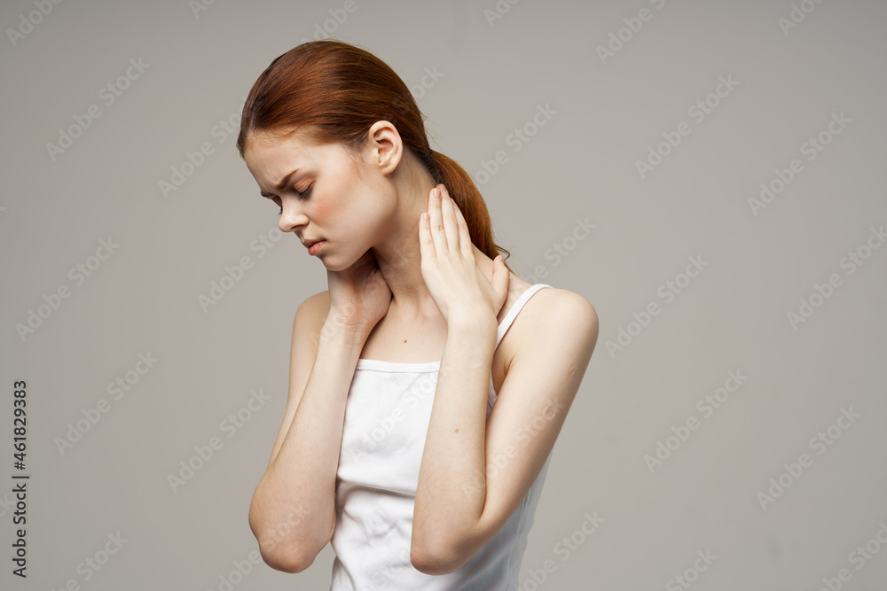 woman pain in the neck arthritis chronic disease isolated background woman pain in the neck arthritis chronic disease isolated background