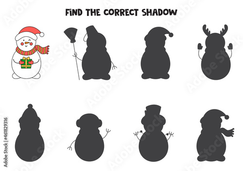 Find correct shadow of cute cartoon snowman. Educational logical game for kids.
