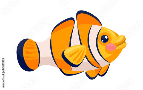 Fish orange amphiprion with white stripes isolated. Vector animal marine clown fish, orange striped for aquarium illustration