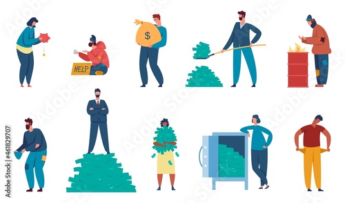 Rich and poor people, billionaire and homeless beggar character. Finance inequality, poverty, different social class characters vector set. Financial gap, big and low income or profit