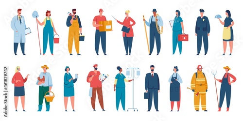 People of different professions, professional workers in uniform. Characters with various occupation doctor, artist, teacher vector set. Male and female employees with working equipment