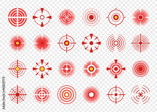 Red circle pain icon, body pains target marks or spots. Painful muscles and joints target signs, headache indication points symbols vector set. Healthcare problems, ache or injury therapy