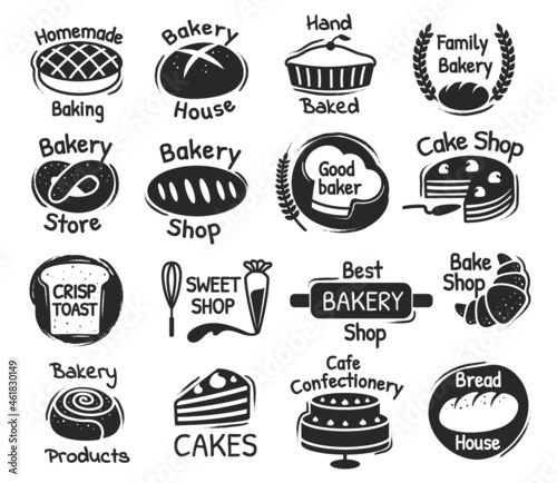 Bakery shop lettering logo, confectionery and desserts labels. Delicious handmade pastry, baking products packaging stamp design vector set. Best bakery house and sweet store logotype