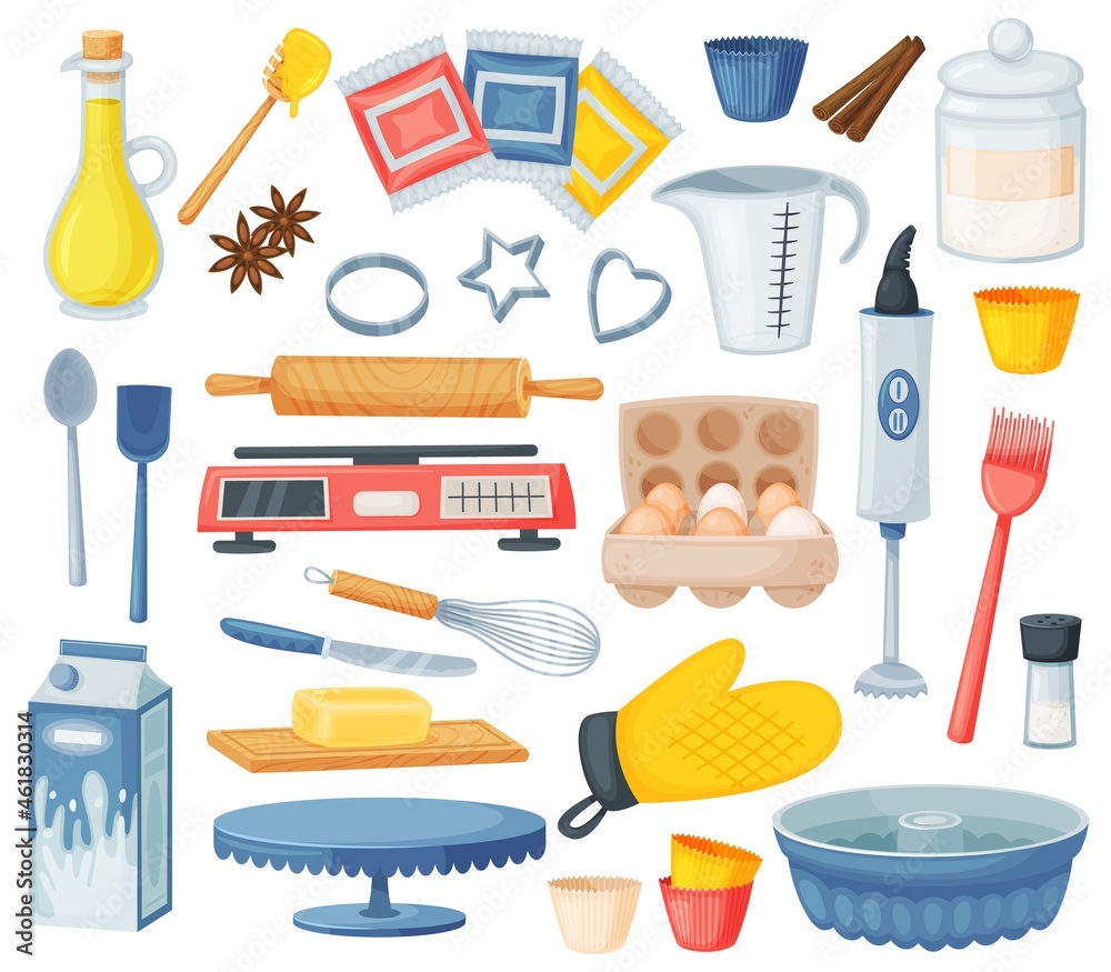 Cartoon dessert baking ingredients and kitchen utensils. Flour, eggs, oil, milk cooking ingredient, kitchenware and bakery supplies vector set. Isolated tools and food for bakery products