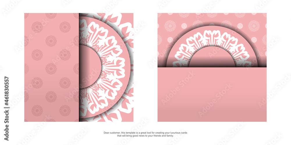 Postcard template in pink color with luxurious white ornaments for your brand.