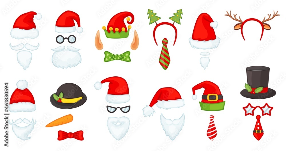 Cartoon christmas hats and accessories, photo booth props. Santa hat and beard, reindeer antlers, red nose, elf cap, xmas party mask vector set. Wearing winter seasonal costume for celebration