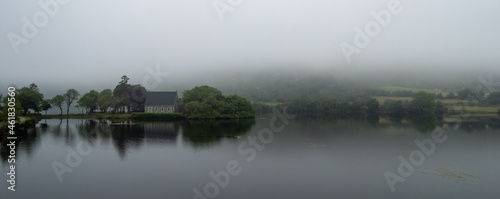 Aerial drone photo of St. Finbarr's Church, Gougane Barra, West ireland photo