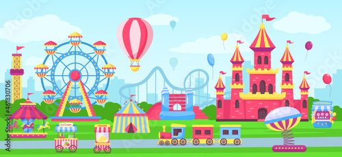 Amusement park with funfair attractions, carnival fairground rides. Cartoon circus tent, children castle, rollercoaster Vector illustration. Playground for id recreation and entertainment photo