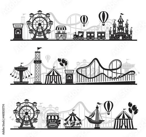 Amusement park landscape silhouette, carnival fairground rides. Roller coaster, carousel, horizontal funfair attraction vector background set. Funny and exciting leisure entertainment