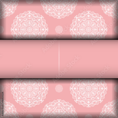 Template Postcard in pink color with vintage white ornament ready for printing.