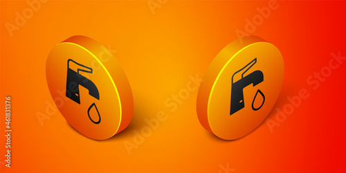 Isometric Water tap icon isolated on orange background. Orange circle button. Vector