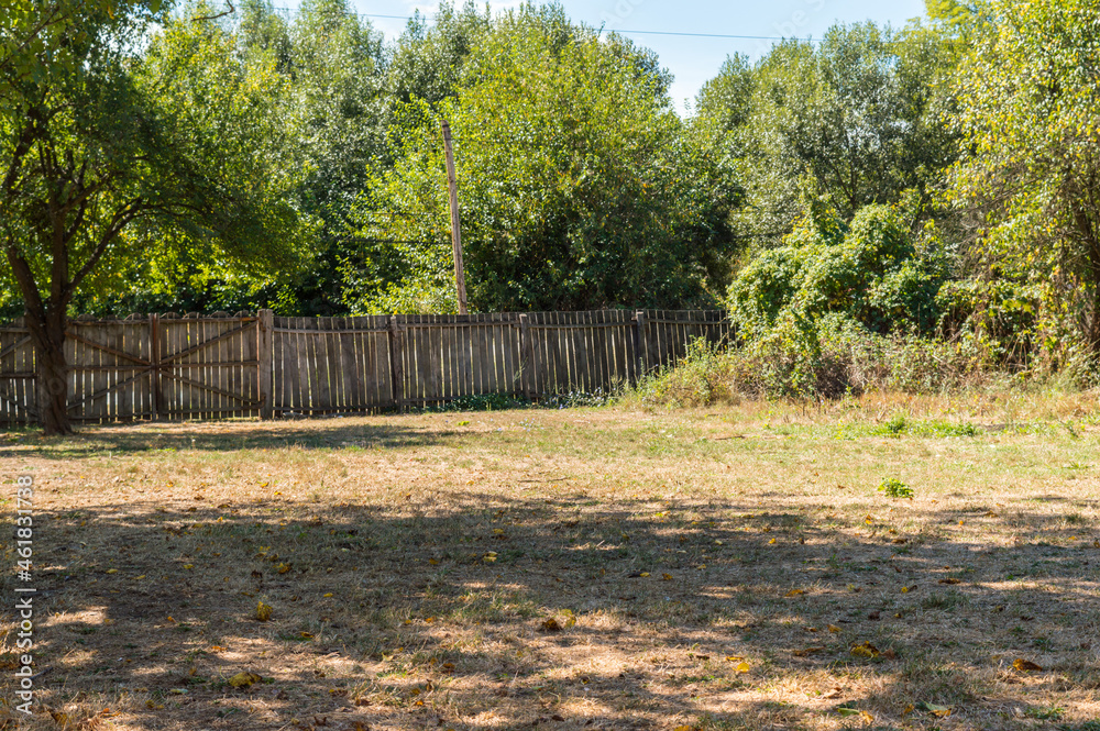 Beautiful view of the large country yard with wooden fence, dry grass, green trees and sunlight in the autumn season. Countryside landscape at the rustic farm