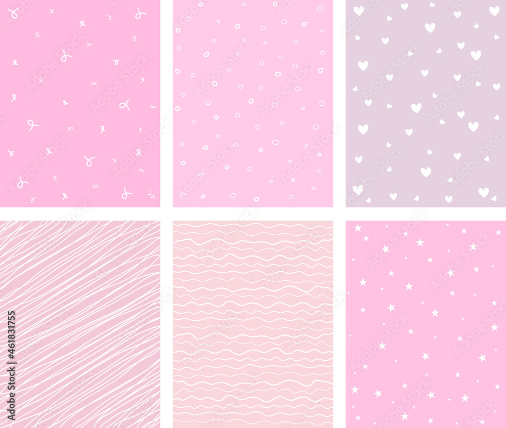 Abstract Hand Drawn Geometric Childish Style Vector Pattern Set. White Waves, Arches and Dots on a Various Pink Backgrounds. Cute Irregular Geometric Seamless Vector Pattern.