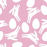 Seamless Easter pattern with white rabbits and eggs on pink background