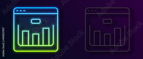 Glowing neon line Browser with stocks market growth graphs and money icon isolated on black background. Monitor with stock charts arrow on screen. Vector