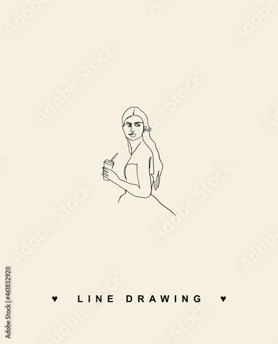 Line-drawn woman. Girl with coffee. Woman in a dress. Bride line drawing. Young girl in dress drawing by line. Contour logo with woman.