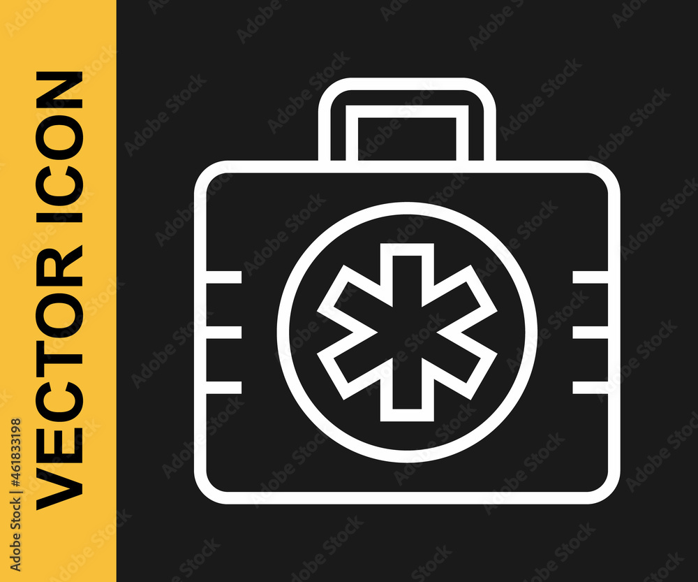 White line First aid kit icon isolated on black background. Medical box with cross. Medical equipment for emergency. Healthcare concept. Vector White line First aid kit icon isolated on black background. Medical box with cross. Medical equipment for emergency. Healthcare concept. Vector