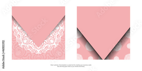 Template Postcard in pink color with Indian white ornaments prepared for printing.