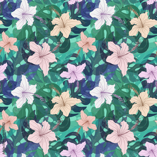 Hibiscus flowers and monstera leaves irregular seamless pattern. Random repeat floral tropical endless texture. Exotic pastel boundless background. Summer paradise plants toss repeat surface design
