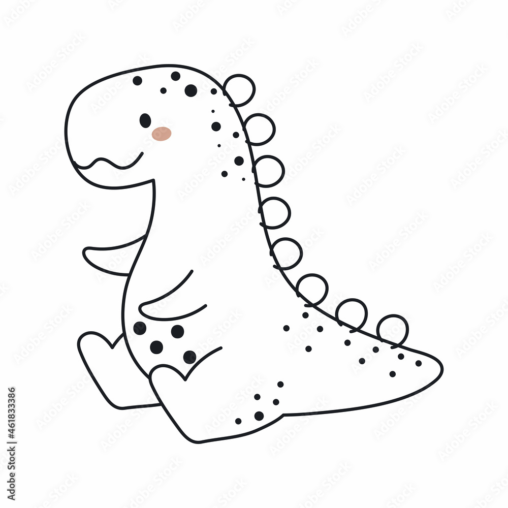 Obraz premium Cute dinosaur in outline sketch style. Funny cartoon dino for kids cards, baby shower, t-shirt, birthday invitation, house interior. Bohemian childish vector illustration.