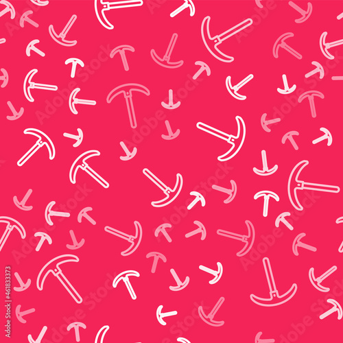 White line Pickaxe icon isolated seamless pattern on red background. Vector