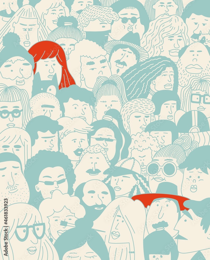 Fototapeta premium Standing out from the crowd. Urban commuters one continuous line drawing minimalism design sketch hand drawn contour illustration. Crowd of people.