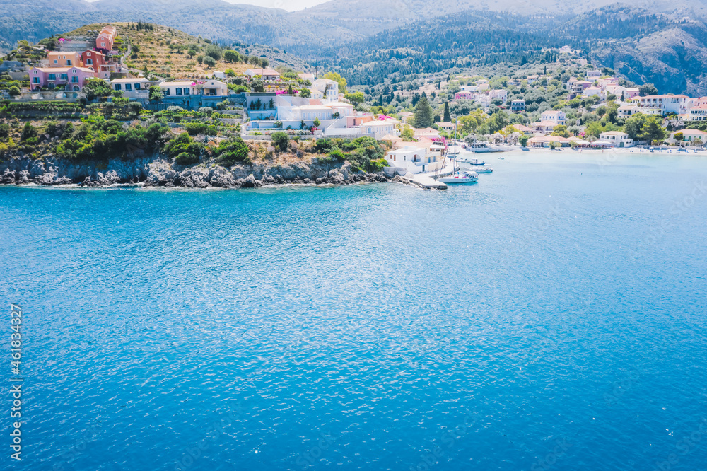 Aerial panoramic view of Assos village of Cefalonia island, Greece. Travel summer vocation concept