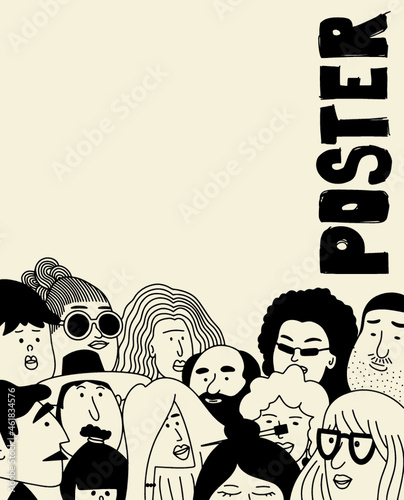 Vector poster with faces. Crowd of people. Faces collection. People faces vector collage. Outline people. Face avatars. Men and women. Various haircuts.
