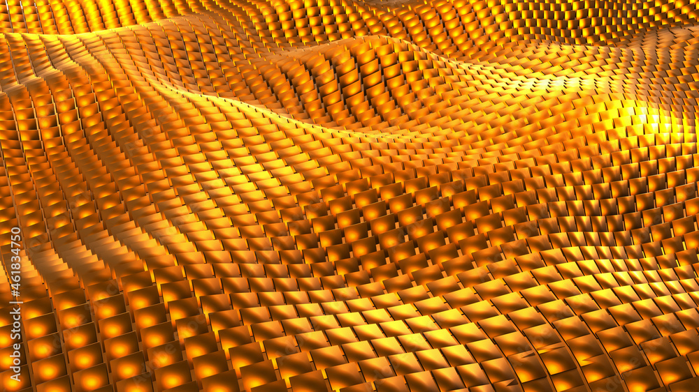 Background 3D with gold squares waves field, abstract technology design, fantastic sea of shiny pattern, 3D render illustration background.
Background 3D with gold squares waves field, abstract technology design, fantastic sea of shiny pattern, 3D render illustration background.