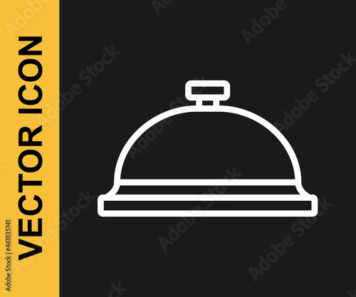 White line Covered with a tray of food icon isolated on black background. Tray and lid sign. Restaurant cloche with lid. Vector