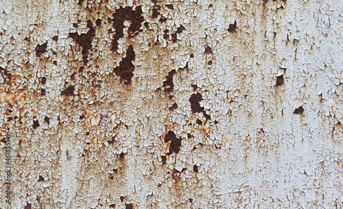 Close-up of rust on white metal sheet, Ruins of metal and the rust on the surface, Brown rustic peel off from the surface of iron plate, Damaged iron from oxidation of air and water