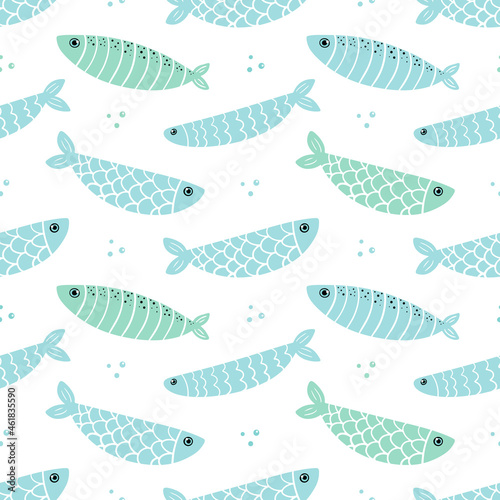 Cute colorful fishes and bubbles vector seamless pattern background for sea life design. 