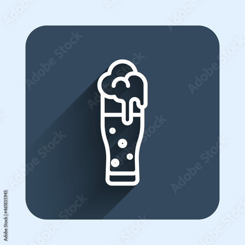 White line Glass of beer icon isolated with long shadow background. Happy Saint Patricks day. National Irish holiday. Blue square button. Vector