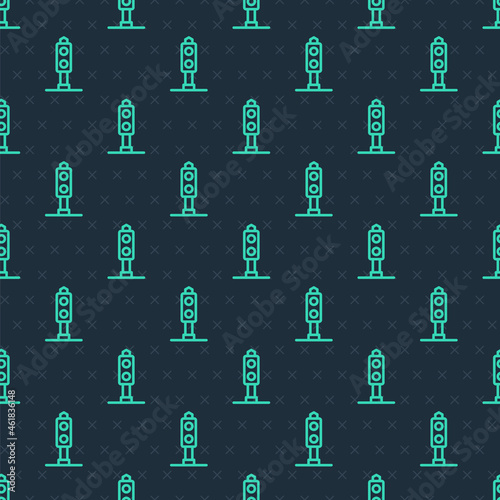 Green line Train traffic light icon isolated seamless pattern on blue background. Traffic lights for the railway to regulate the movement of trains. Vector