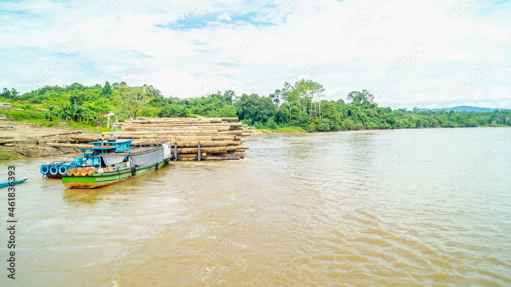 Fototapeta premium Timber loaded into big barge then drag by a tugboat cruising Mahakam River, Borneo, Indonesia