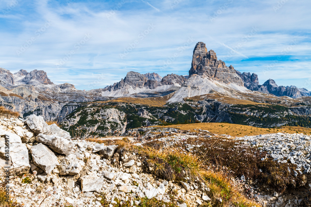 Fototapeta premium Autumn panorama on Monte Piana. View from the trenches to the three peaks of Lavaredo. Dolomites.