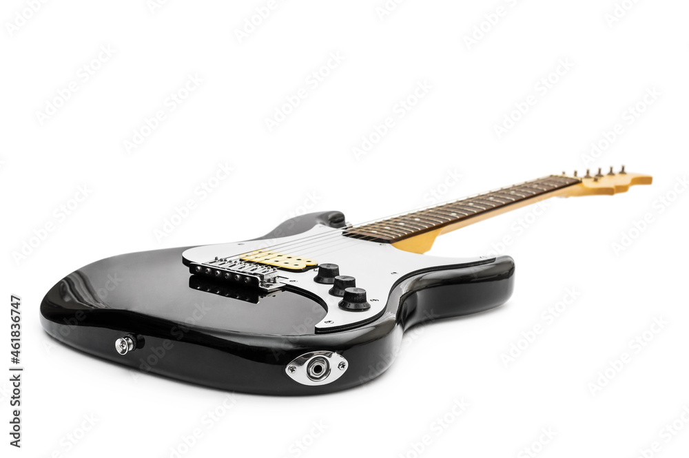Black electric guitar on white. Black electric guitar on white.