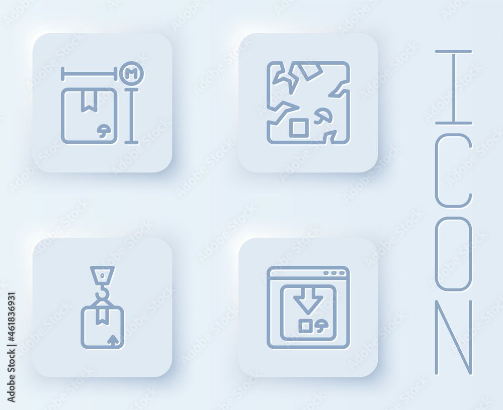 Set line Cardboard box measurement, Broken cardboard, Crane with and Online app delivery tracking. White square button. Vector Set line Cardboard box measurement, Broken cardboard, Crane with and Online app delivery tracking. White square button. Vector