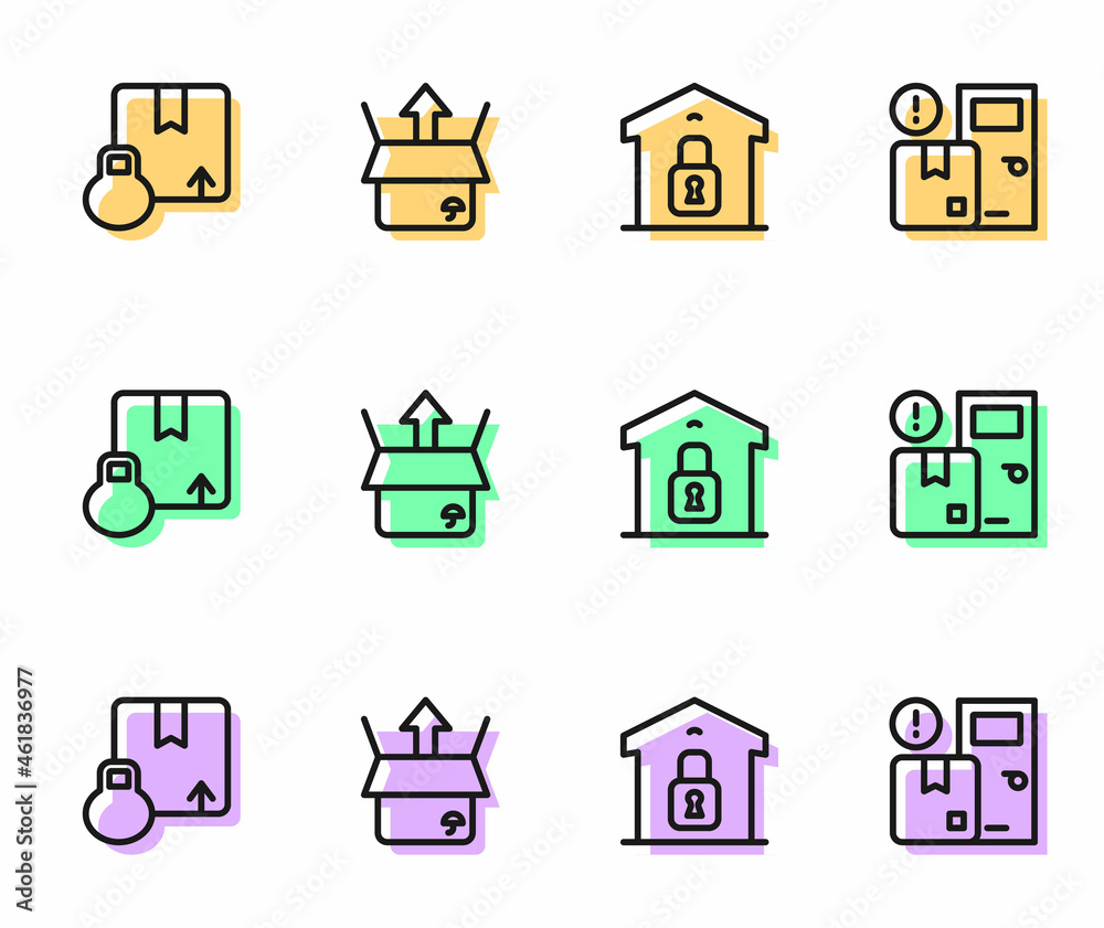 Set line Closed warehouse, Carton cardboard box, Unboxing and Home delivery services icon. Vector Set line Closed warehouse, Carton cardboard box, Unboxing and Home delivery services icon. Vector