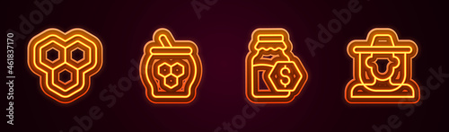 Set line Honeycomb, Jar of honey and dipper stick, Sale in jar and Beekeeper with protect hat. Glowing neon icon. Vector