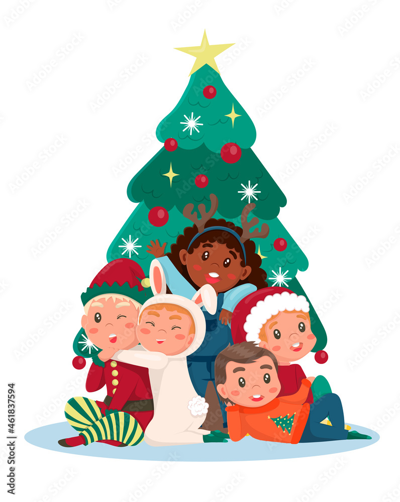 a group of children posing near the Christmas tree in costumes of elf, deer, hare, rabbit and santa claus. poster, banner, christmas party, new years eve. a group of children posing near the Christmas tree in costumes of elf, deer, hare, rabbit and santa claus. poster, banner, christmas party, new years eve.