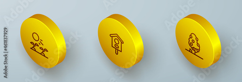 Set Isometric line Plant sprouts grow in the sun, Bird house and Fruit tree icon. Vector