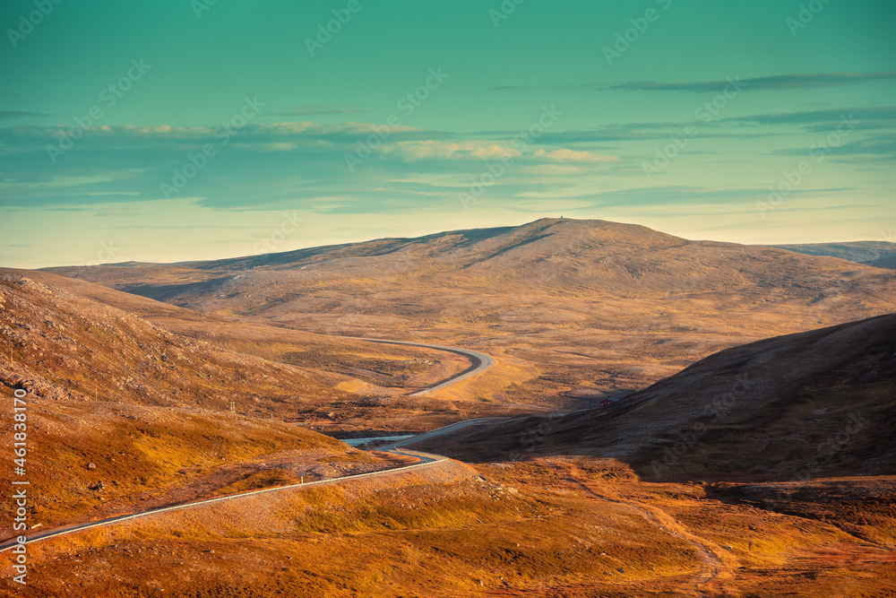 View of mountain winding road. Nature of Norway. The way to Nordkapp (North Cape)
